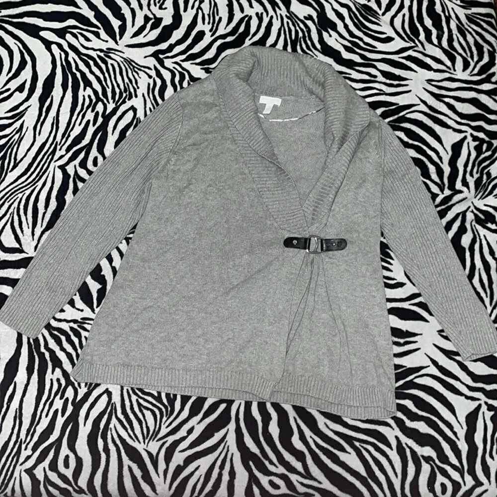 Charter club grey long sleeved faux leather buckle cardigan size 1x